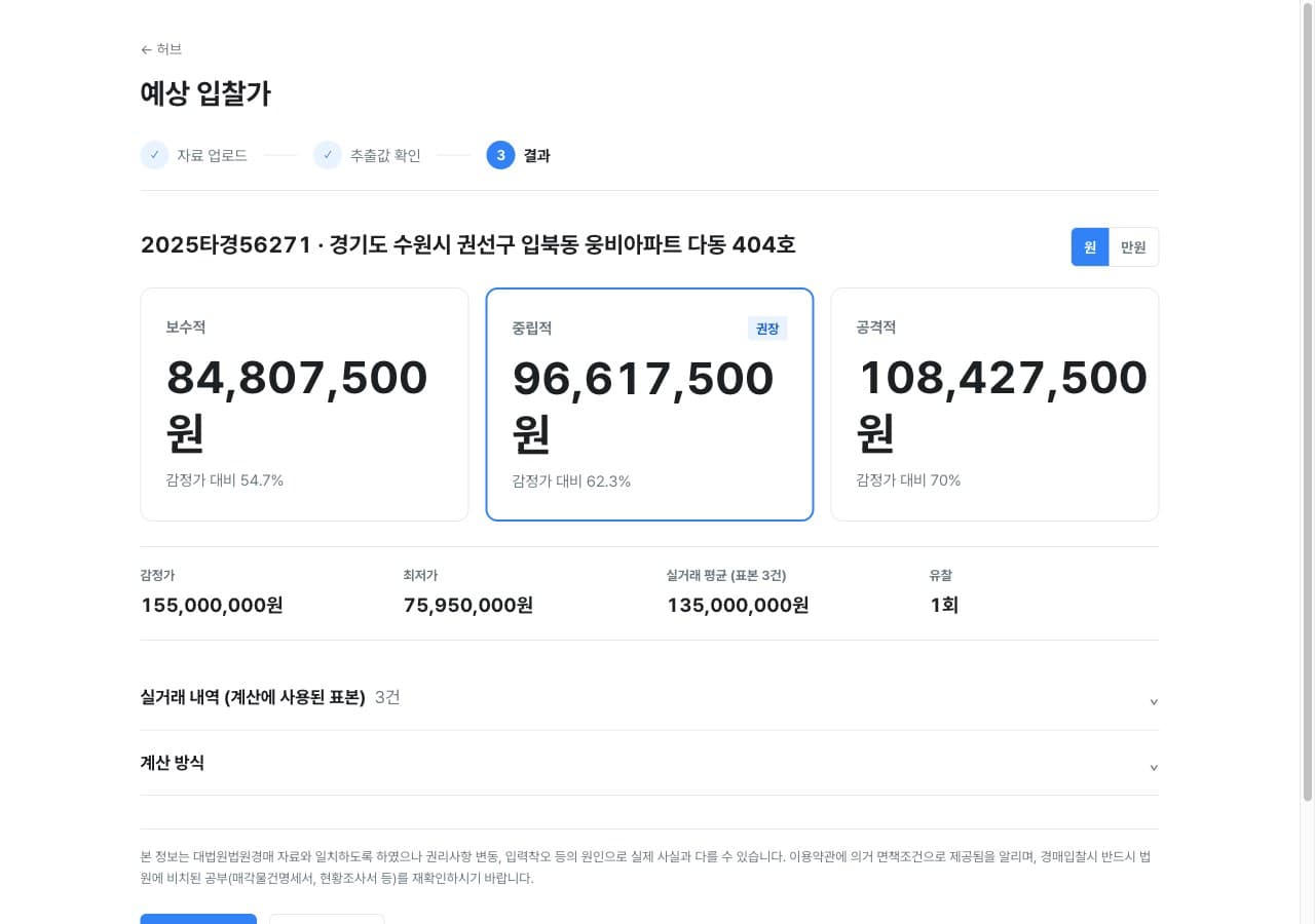 예상 입찰가 결과 화면 — 보수·중립·공격 세 단계 카드